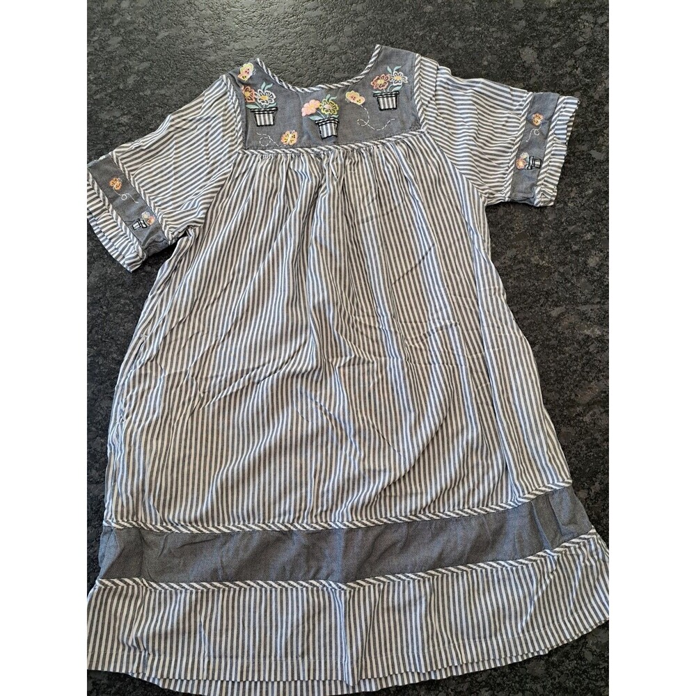 VTG Bechamel Gray White Striped Patio Dress Size M Flower Pots Embroidery Cotton